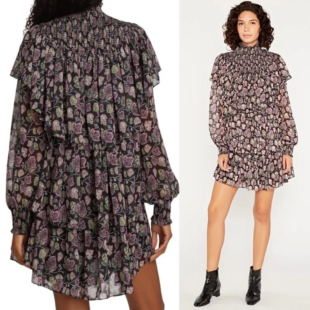 NWT CINQ A SEPT Boho Floral Ruffle Puffed Long Sleeve Smocked High‎ Neck Dress 8